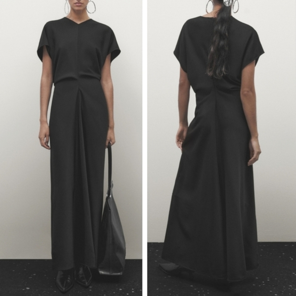 Massimo Dutti Limited Edition Black Side Ruched Gown with V Neckline